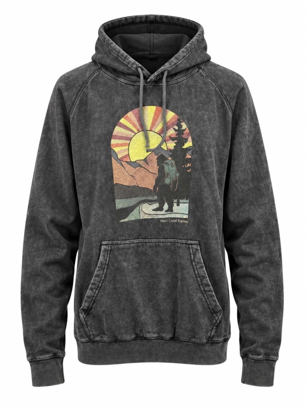Washed Black Graphic Hoodie with Hiker Sunset Print
